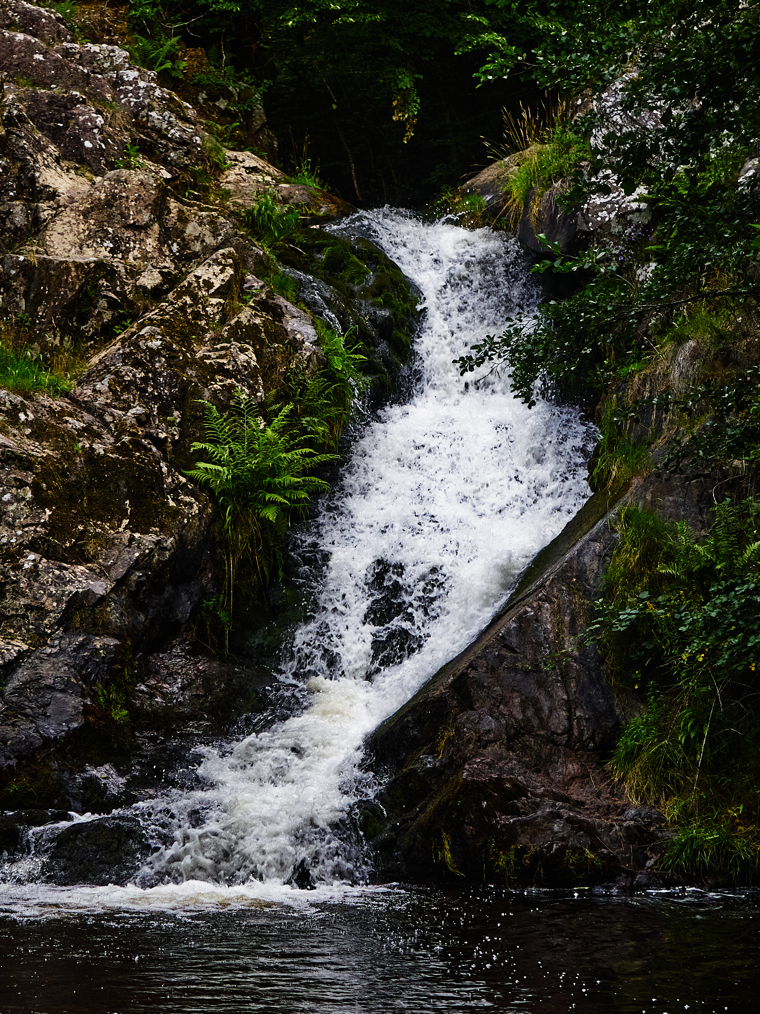Photographie sombre et poétique d'une cascade
